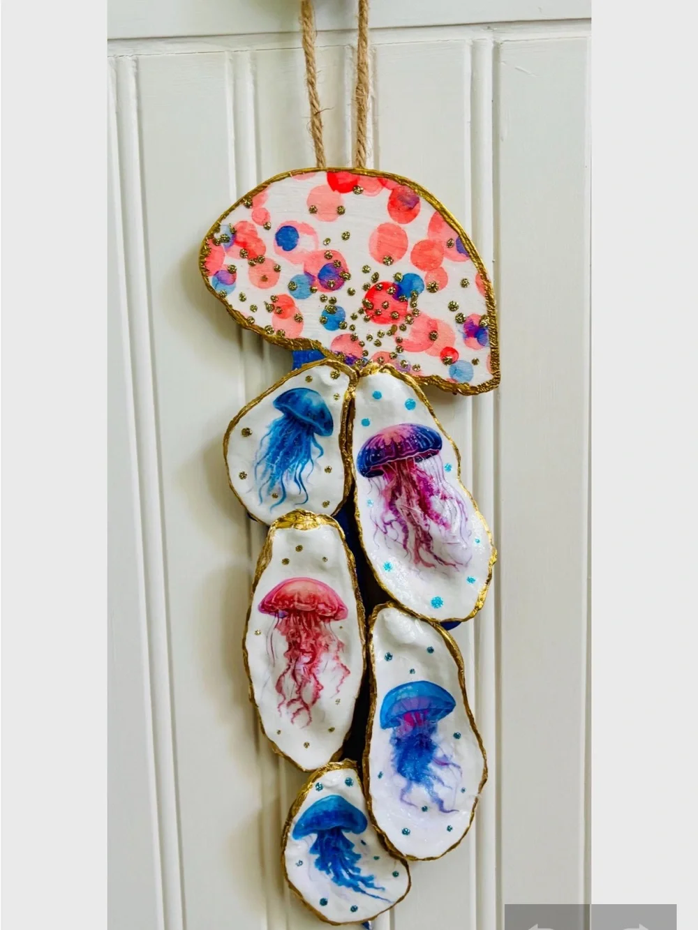Hand-Painted Jellyfish Shell Wall Hanging - Pink, Blue & Coral